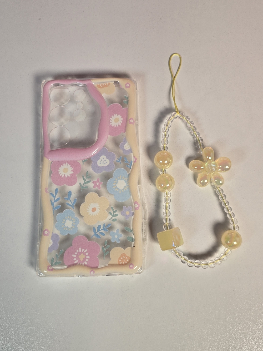 Samsung S24 Ultra Floral Pastel Phone Case with Yellow Beaded Charm